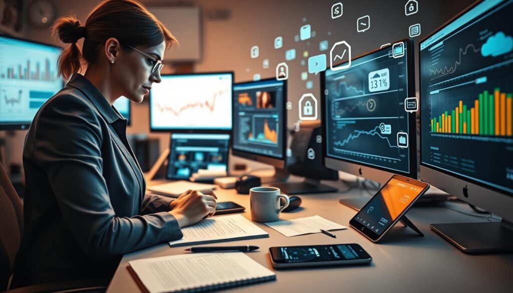 A busy digital workspace showcasing marketplace and virtual store monitoring. In the foreground, a focused professional woman in business attire analyzes data on multiple computer screens displaying graphs and metrics. The middle ground features a sleek desk cluttered with notepads and a coffee mug, surrounded by digital devices like a tablet and smartphone showing various marketplace apps. The background shows an abstract representation of e-commerce platforms and icons hovering like holograms. Soft, warm lighting illuminates the scene, creating a productive and modern atmosphere. The angle suggests a slight overhead view, emphasizing the actionable insights derived from the monitoring process. The mood is dynamic and industrious, reflecting the world of digital commerce. A busy digital workspace showcasing marketplace and virtual store monitoring. In the foreground, a focused professional woman in business attire analyzes data on multiple computer screens displaying graphs and metrics. The middle ground features a sleek desk cluttered with notepads and a coffee mug, surrounded by digital devices like a tablet and smartphone showing various marketplace apps. The background shows an abstract representation of e-commerce platforms and icons hovering like holograms. Soft, warm lighting illuminates the scene, creating a productive and modern atmosphere. The angle suggests a slight overhead view, emphasizing the actionable insights derived from the monitoring process. The mood is dynamic and industrious, reflecting the world of digital commerce.