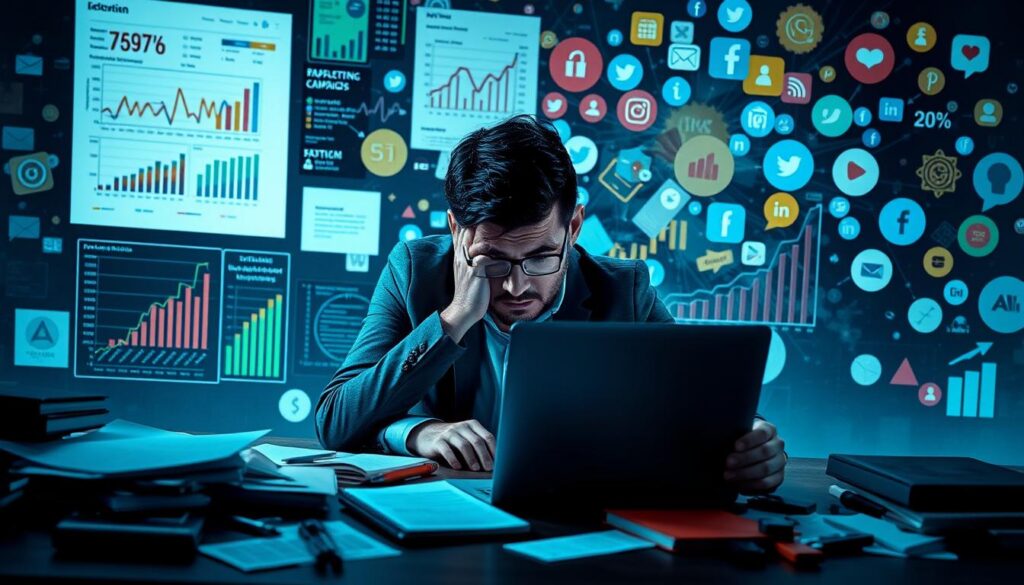 A chaotic digital marketing scene illustrating the concept of "error in paid traffic management." In the foreground, a frustrated business professional in a smart casual outfit, reviewing perplexing data on a laptop, surrounded by colorful graphs and charts that display poor performance metrics. The middle ground features a cluttered desk with scattered notes and a smartphone showing unresponsive ad campaigns. In the background, an abstract representation of the digital landscape with social media icons and traffic symbols merged together, creating a sense of confusion and disarray. The lighting is dim, emphasizing the tension, while a cooler color palette of blues and greys reinforces the mood of frustration and urgency. Capture the atmosphere of stress and caution in financial decision-making, without any text or branding. A chaotic digital marketing scene illustrating the concept of "error in paid traffic management." In the foreground, a frustrated business professional in a smart casual outfit, reviewing perplexing data on a laptop, surrounded by colorful graphs and charts that display poor performance metrics. The middle ground features a cluttered desk with scattered notes and a smartphone showing unresponsive ad campaigns. In the background, an abstract representation of the digital landscape with social media icons and traffic symbols merged together, creating a sense of confusion and disarray. The lighting is dim, emphasizing the tension, while a cooler color palette of blues and greys reinforces the mood of frustration and urgency. Capture the atmosphere of stress and caution in financial decision-making, without any text or branding.
