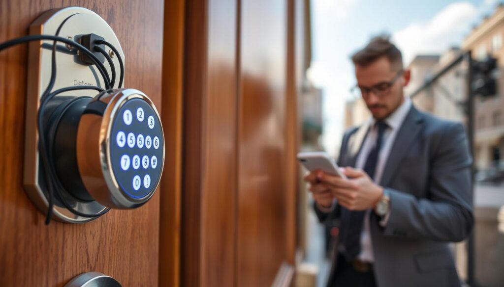 A close-up view of a modern smart lock installed on a stylish front door, symbolizing the complexity and potential risks associated with smart technology. In the foreground, show the smart lock with an illuminated keypad, wires partially visible to indicate the internal mechanics. The middle ground features a concerned homeowner in professional attire examining their smartphone, which displays an alert notification. In the background, showcase a blurred urban setting suggesting city life, with additional security elements like cameras or security systems hinting at the challenges of smart locks. The atmosphere should convey a blend of innovation and caution, utilizing natural daylight to create an engaging yet serious mood, focusing on the intersection of technology and security. A close-up view of a modern smart lock installed on a stylish front door, symbolizing the complexity and potential risks associated with smart technology. In the foreground, show the smart lock with an illuminated keypad, wires partially visible to indicate the internal mechanics. The middle ground features a concerned homeowner in professional attire examining their smartphone, which displays an alert notification. In the background, showcase a blurred urban setting suggesting city life, with additional security elements like cameras or security systems hinting at the challenges of smart locks. The atmosphere should convey a blend of innovation and caution, utilizing natural daylight to create an engaging yet serious mood, focusing on the intersection of technology and security.