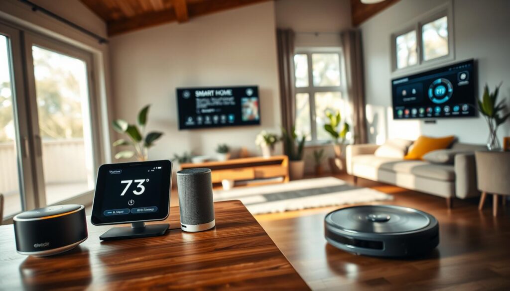 A comparative scene illustrating smart home technologies, showcasing different devices and functionalities within a cozy, modern living space. In the foreground, a sleek smart thermostat and a voice-activated speaker sit on a stylish coffee table. In the middle ground, a wall-mounted smart display shows home automation controls, while a robotic vacuum moves gracefully across a polished floor. The background reveals large windows with natural light streaming in, highlighting a well-furnished living room with potted plants and comfortable seating. The overall atmosphere is warm and inviting, suggesting a blend of technology and homeliness. The lighting is soft and diffuse, creating a peaceful ambiance. A wide-angle view captures the entire scene, emphasizing the harmony between technology and daily life. A comparative scene illustrating smart home technologies, showcasing different devices and functionalities within a cozy, modern living space. In the foreground, a sleek smart thermostat and a voice-activated speaker sit on a stylish coffee table. In the middle ground, a wall-mounted smart display shows home automation controls, while a robotic vacuum moves gracefully across a polished floor. The background reveals large windows with natural light streaming in, highlighting a well-furnished living room with potted plants and comfortable seating. The overall atmosphere is warm and inviting, suggesting a blend of technology and homeliness. The lighting is soft and diffuse, creating a peaceful ambiance. A wide-angle view captures the entire scene, emphasizing the harmony between technology and daily life.