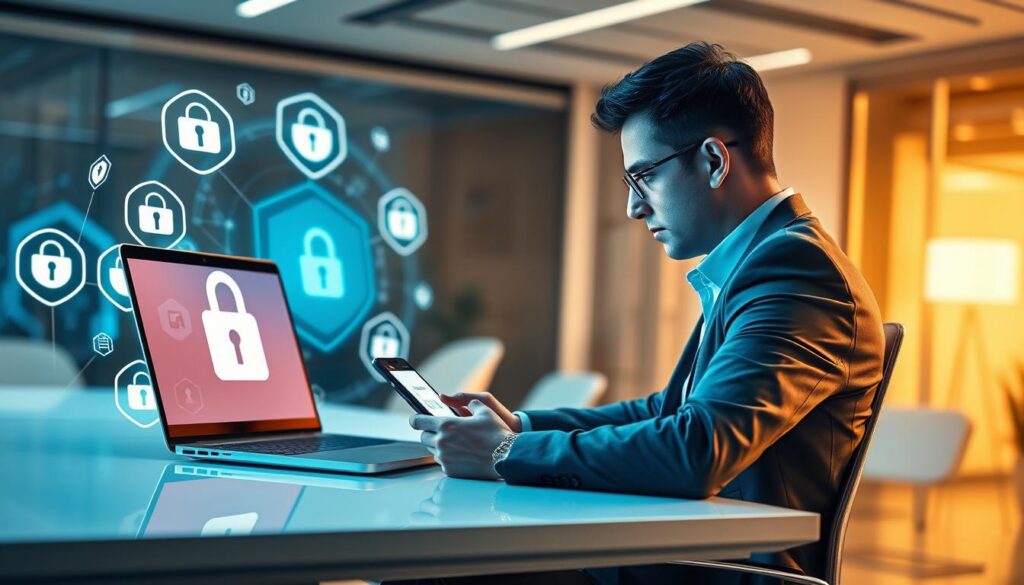 A digital security scene illustrating two-factor authentication (2FA). In the foreground, a professional individual is seated at a sleek, modern desk, concentrating on a laptop screen displaying a lock symbol and a smartphone requesting a verification code. The person is wearing smart casual attire. In the middle ground, various digital security icons, such as shield symbols and padlocks, flow around the laptop and smartphone, symbolizing protection and security. The background features a softly lit office environment with abstract tech designs, creating a futuristic atmosphere. The lighting is warm and inviting, highlighting the focus on the user's engagement with digital security. The image should evoke a sense of safety and professionalism. A digital security scene illustrating two-factor authentication (2FA). In the foreground, a professional individual is seated at a sleek, modern desk, concentrating on a laptop screen displaying a lock symbol and a smartphone requesting a verification code. The person is wearing smart casual attire. In the middle ground, various digital security icons, such as shield symbols and padlocks, flow around the laptop and smartphone, symbolizing protection and security. The background features a softly lit office environment with abstract tech designs, creating a futuristic atmosphere. The lighting is warm and inviting, highlighting the focus on the user's engagement with digital security. The image should evoke a sense of safety and professionalism.
