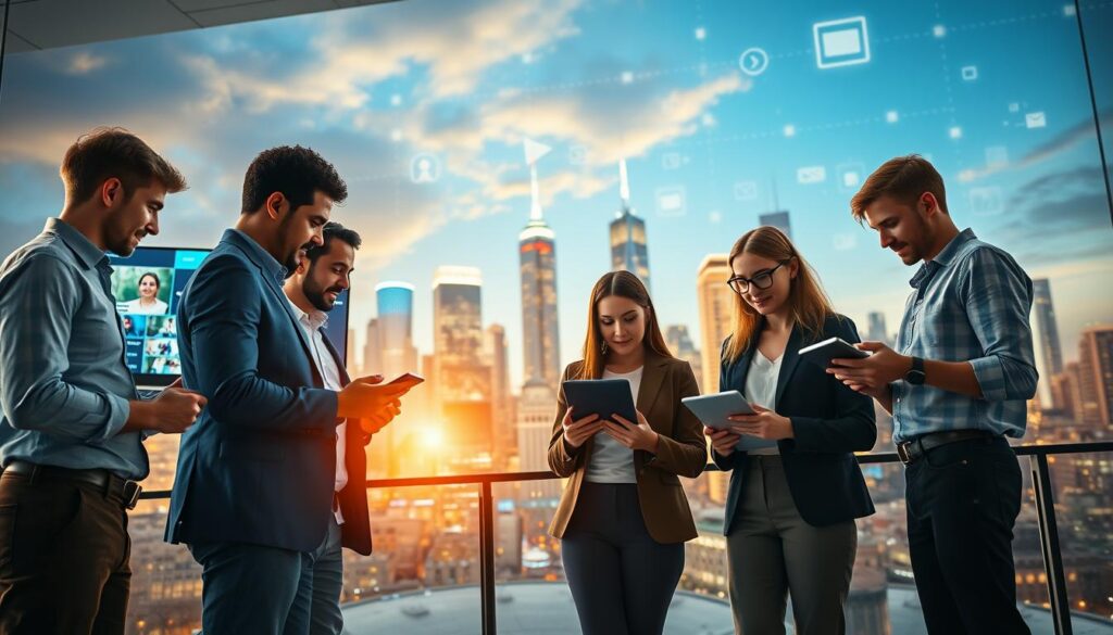 A dynamic and visually engaging scene illustrating the transformation of digital content production and consumption. In the foreground, a diverse group of young professionals in smart casual attire is collaborating with various digital devices, such as tablets and laptops, showcasing the act of creating content. In the middle ground, digital screens display a range of content types—videos, podcasts, and blogs—while social media icons subtly merge into the background. The background features a vibrant cityscape symbolizing technological advancement and digital connectivity, with streaming data visualizations in the sky. Use warm, inviting lighting to evoke a sense of innovation and collaboration, captured from a slightly low angle to emphasize the professional setting and the bright future of digital media. Aim for an optimistic and energetic mood. A dynamic and visually engaging scene illustrating the transformation of digital content production and consumption. In the foreground, a diverse group of young professionals in smart casual attire is collaborating with various digital devices, such as tablets and laptops, showcasing the act of creating content. In the middle ground, digital screens display a range of content types—videos, podcasts, and blogs—while social media icons subtly merge into the background. The background features a vibrant cityscape symbolizing technological advancement and digital connectivity, with streaming data visualizations in the sky. Use warm, inviting lighting to evoke a sense of innovation and collaboration, captured from a slightly low angle to emphasize the professional setting and the bright future of digital media. Aim for an optimistic and energetic mood.