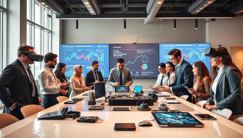 A dynamic scene illustrating "Culturatech e inovação educacional" in a modern workspace. In the foreground, a diverse group of individuals in professional business attire collaborate around a sleek, high-tech table filled with digital devices like tablets and VR headsets. In the middle ground, large screens display vibrant graphs and interactive educational content, emphasizing innovation and technology in education. The background features a contemporary office environment with large windows that let in natural light, creating a bright and inspiring atmosphere. The overall mood is energetic and forward-thinking, capturing the essence of digital transformation. Use soft lighting to enhance the warm, collaborative feel, simulating an inviting workspace. The angle should give a slight bird’s-eye view to encompass both the individuals and the technology around them. A dynamic scene illustrating "Culturatech e inovação educacional" in a modern workspace. In the foreground, a diverse group of individuals in professional business attire collaborate around a sleek, high-tech table filled with digital devices like tablets and VR headsets. In the middle ground, large screens display vibrant graphs and interactive educational content, emphasizing innovation and technology in education. The background features a contemporary office environment with large windows that let in natural light, creating a bright and inspiring atmosphere. The overall mood is energetic and forward-thinking, capturing the essence of digital transformation. Use soft lighting to enhance the warm, collaborative feel, simulating an inviting workspace. The angle should give a slight bird’s-eye view to encompass both the individuals and the technology around them.
