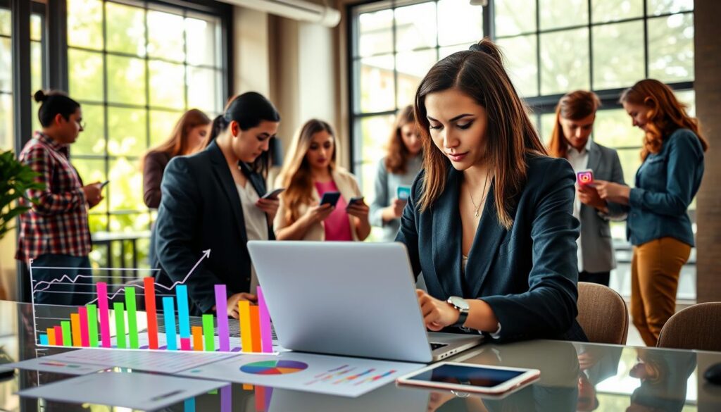 A dynamic scene illustrating the exploration of digital tools and social media to boost sales. In the foreground, a professional woman in smart casual attire is intently analyzing data on a laptop, surrounded by colorful graphs and charts that symbolize sales growth. In the middle ground, a diverse group of individuals engage in a collaborative discussion with smartphones and tablets, showcasing social media platforms like Instagram and Facebook. The background features a vibrant office environment with large windows, allowing natural light to illuminate the space, creating a productive atmosphere. The image has a modern, inspired vibe, capturing the essence of innovation and teamwork in the digital marketing landscape.