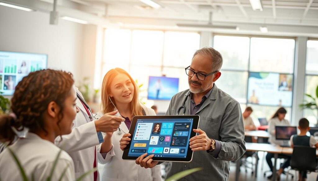 A dynamic scene showcasing innovative solutions in health and education. In the foreground, a diverse group of professionals, including a female doctor in a white coat and a male educator with glasses, are engaged in a discussion around a tablet displaying digital health tools and educational apps. In the middle ground, a bright, modern classroom with interactive screens and students using tablets illustrates advanced educational technology. The background features a serene healthcare center emphasizing wellness, with plants and natural light streaming through large windows. Use soft, warm lighting to create an inviting atmosphere. The scene should be shot from a slightly elevated angle, capturing the collaboration and innovation, conveying a sense of progress and hope in addressing everyday challenges. A dynamic scene showcasing innovative solutions in health and education. In the foreground, a diverse group of professionals, including a female doctor in a white coat and a male educator with glasses, are engaged in a discussion around a tablet displaying digital health tools and educational apps. In the middle ground, a bright, modern classroom with interactive screens and students using tablets illustrates advanced educational technology. The background features a serene healthcare center emphasizing wellness, with plants and natural light streaming through large windows. Use soft, warm lighting to create an inviting atmosphere. The scene should be shot from a slightly elevated angle, capturing the collaboration and innovation, conveying a sense of progress and hope in addressing everyday challenges.