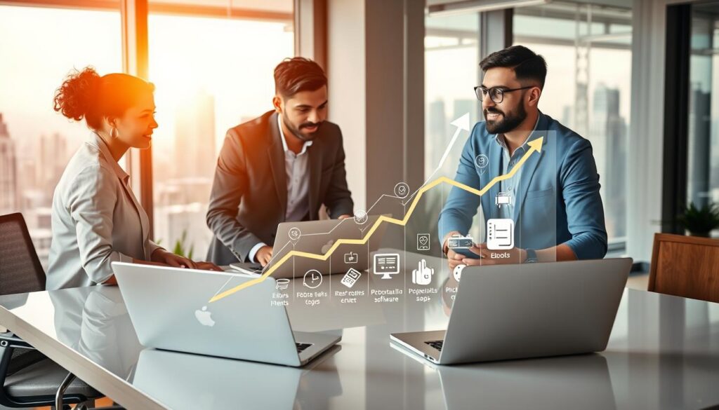 A dynamic workspace showcasing the concept of affiliate programs and profitability. In the foreground, a diverse group of three professionals—one woman and two men—are engaged in a discussion at a sleek, modern desk adorned with laptops and charts depicting growth trends. The middle layer features an upward-facing graph demonstrating profitability, with icons representing various digital products like eBooks, courses, and software, subtly integrated into the design. In the background, a large window reveals a bustling city skyline, symbolizing opportunity and growth. The lighting is bright and inviting, with warm tones, creating a hopeful and motivating atmosphere. The overall composition reflects professionalism, innovation, and the digital landscape, emphasizing success in affiliate marketing. A dynamic workspace showcasing the concept of affiliate programs and profitability. In the foreground, a diverse group of three professionals—one woman and two men—are engaged in a discussion at a sleek, modern desk adorned with laptops and charts depicting growth trends. The middle layer features an upward-facing graph demonstrating profitability, with icons representing various digital products like eBooks, courses, and software, subtly integrated into the design. In the background, a large window reveals a bustling city skyline, symbolizing opportunity and growth. The lighting is bright and inviting, with warm tones, creating a hopeful and motivating atmosphere. The overall composition reflects professionalism, innovation, and the digital landscape, emphasizing success in affiliate marketing.