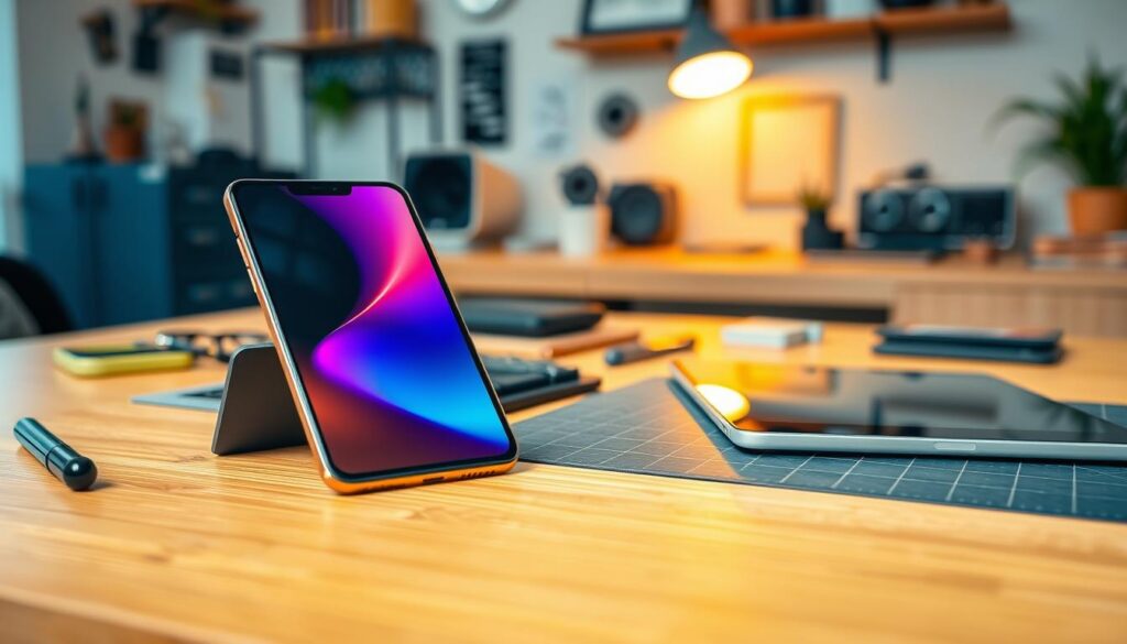 A high-quality refurbished gadget displayed prominently in the foreground, showcasing a sleek, modern smartphone with a pristine screen and vibrant colors, next to a slightly older tablet, both on a stylish wooden table. The middle ground features a well-organized workspace with various tools and gadgets arranged neatly, highlighting the care taken in reconditioning. In the background, a softly blurred home office setting with warm lighting creating a cozy atmosphere, emphasizing professionalism and reliability. The focus is sharp on the gadgets, with warm, inviting lighting reflecting off their surfaces, capturing a sense of trust and quality. The overall mood conveys a blend of innovation and sustainability, appealing to tech-savvy consumers looking for smart purchases. A high-quality refurbished gadget displayed prominently in the foreground, showcasing a sleek, modern smartphone with a pristine screen and vibrant colors, next to a slightly older tablet, both on a stylish wooden table. The middle ground features a well-organized workspace with various tools and gadgets arranged neatly, highlighting the care taken in reconditioning. In the background, a softly blurred home office setting with warm lighting creating a cozy atmosphere, emphasizing professionalism and reliability. The focus is sharp on the gadgets, with warm, inviting lighting reflecting off their surfaces, capturing a sense of trust and quality. The overall mood conveys a blend of innovation and sustainability, appealing to tech-savvy consumers looking for smart purchases.
