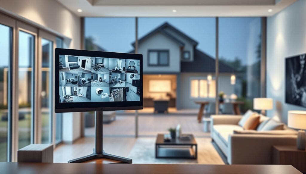 A modern home interior featuring a high-tech security monitoring system in action. In the foreground, display a sleek computer screen showing real-time security footage from multiple cameras around the house. In the middle ground, include a stylish living room with smart sensors visibly installed, such as window sensors and smart locks. The background should depict an exterior view of the house, illuminated by soft, ambient lighting that suggests a secure and welcoming atmosphere. Use a wide-angle lens perspective to capture the scene, focusing on the interplay of light and shadow to convey a sense of safety and technological sophistication. The mood should be calm yet vigilant, emphasizing the importance of home security.