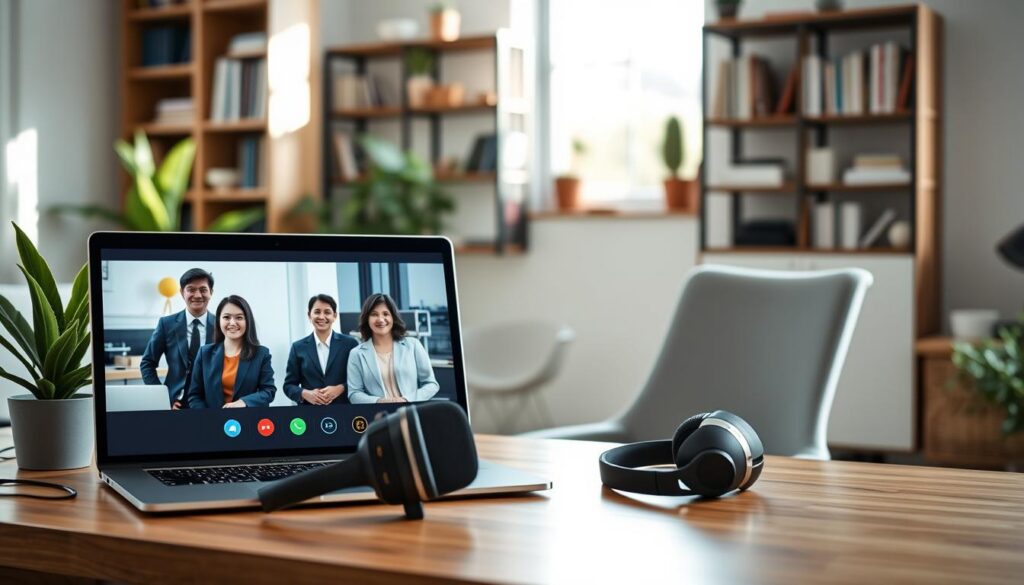 A modern home office setting focusing on remote work and video conferencing tools. In the foreground, a sleek laptop with a vibrant video call interface showing engaged professionals in business attire. On the desk, a quality microphone and headphones, highlighting audio clarity. In the middle ground, a stylish ergonomic chair and a potted plant create a cozy atmosphere. The background features a well-organized bookshelf filled with books and decorative items, embodying a professional yet inviting workspace. Soft natural lighting filters through a window, casting gentle shadows and enhancing the productivity vibe. Capture this scene from a slightly elevated angle to provide depth, conveying a sense of connection and collaboration in the digital workspace. A modern home office setting focusing on remote work and video conferencing tools. In the foreground, a sleek laptop with a vibrant video call interface showing engaged professionals in business attire. On the desk, a quality microphone and headphones, highlighting audio clarity. In the middle ground, a stylish ergonomic chair and a potted plant create a cozy atmosphere. The background features a well-organized bookshelf filled with books and decorative items, embodying a professional yet inviting workspace. Soft natural lighting filters through a window, casting gentle shadows and enhancing the productivity vibe. Capture this scene from a slightly elevated angle to provide depth, conveying a sense of connection and collaboration in the digital workspace.