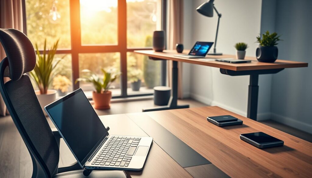 A modern home office setup showcasing cutting-edge productivity gadgets for remote work. In the foreground, an ergonomic desk chair with a sleek laptop, a wireless keyboard, and a smart tablet with a digital pen. Mid-ground features an adjustable standing desk adorned with a smart speaker and charging wireless pads for smartphones. A potted plant adds a touch of greenery. The background highlights a large window with natural light streaming in, revealing a serene outdoor view of a garden. The atmosphere is organized and futuristic, emphasizing a balance between technology and comfort. Soft, warm lighting enhances the inviting feel of the workspace, while the angle captures the full setup, suggesting a professional yet cozy environment ideal for productivity. A modern home office setup showcasing cutting-edge productivity gadgets for remote work. In the foreground, an ergonomic desk chair with a sleek laptop, a wireless keyboard, and a smart tablet with a digital pen. Mid-ground features an adjustable standing desk adorned with a smart speaker and charging wireless pads for smartphones. A potted plant adds a touch of greenery. The background highlights a large window with natural light streaming in, revealing a serene outdoor view of a garden. The atmosphere is organized and futuristic, emphasizing a balance between technology and comfort. Soft, warm lighting enhances the inviting feel of the workspace, while the angle captures the full setup, suggesting a professional yet cozy environment ideal for productivity.