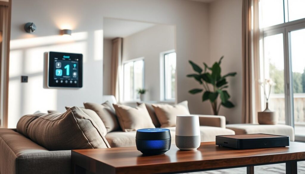 A modern living room featuring cutting-edge smart home devices for automation, such as a sleek touchscreen control panel on the wall, smart light fixtures, and a voice-activated assistant device on a stylish coffee table. In the foreground, a cozy couch with minimalist decor enhances the inviting atmosphere. In the middle, the smart home devices are arranged neatly, showcasing their user-friendly interfaces and sleek designs. In the background, large windows allow natural light to flood the room, creating a bright, cheerful ambiance. The scene emphasizes a blend of technology and comfort, capturing the essence of contemporary connected living. The image is bright and vibrant, with soft lighting that reflects a modern yet cozy mood, inviting viewers to imagine the possibilities of a fully automated home. A modern living room featuring cutting-edge smart home devices for automation, such as a sleek touchscreen control panel on the wall, smart light fixtures, and a voice-activated assistant device on a stylish coffee table. In the foreground, a cozy couch with minimalist decor enhances the inviting atmosphere. In the middle, the smart home devices are arranged neatly, showcasing their user-friendly interfaces and sleek designs. In the background, large windows allow natural light to flood the room, creating a bright, cheerful ambiance. The scene emphasizes a blend of technology and comfort, capturing the essence of contemporary connected living. The image is bright and vibrant, with soft lighting that reflects a modern yet cozy mood, inviting viewers to imagine the possibilities of a fully automated home.
