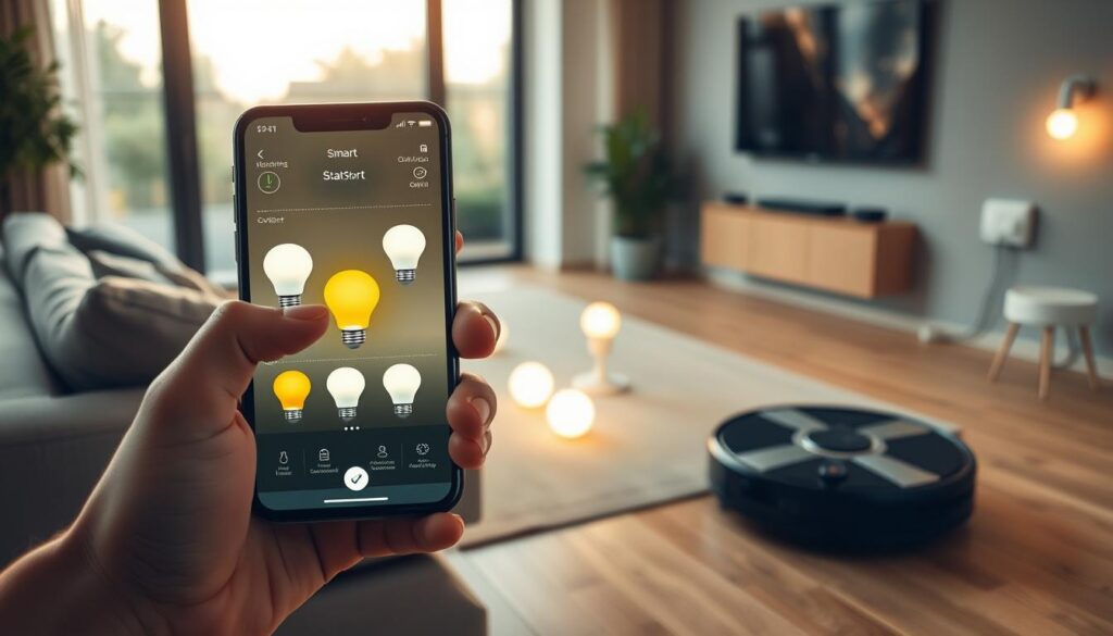 A modern living room showcasing smart home automation, featuring a stylish sofa and a coffee table. In the foreground, a hand holding a smartphone displays an app interface controlling various devices. In the middle ground, smart light bulbs glow softly, accentuating the warm interior. A robotic vacuum glides across the floor, and smart plugs are visible on the wall, elegantly designed. The background includes large windows with natural light pouring in, adding a bright and airy atmosphere. The overall mood is tech-savvy and inviting, with a focus on seamless integration of technology in daily life. Use soft, warm lighting to create a cozy environment, captured from a slightly elevated angle to highlight the devices and their interaction. A modern living room showcasing smart home automation, featuring a stylish sofa and a coffee table. In the foreground, a hand holding a smartphone displays an app interface controlling various devices. In the middle ground, smart light bulbs glow softly, accentuating the warm interior. A robotic vacuum glides across the floor, and smart plugs are visible on the wall, elegantly designed. The background includes large windows with natural light pouring in, adding a bright and airy atmosphere. The overall mood is tech-savvy and inviting, with a focus on seamless integration of technology in daily life. Use soft, warm lighting to create a cozy environment, captured from a slightly elevated angle to highlight the devices and their interaction.