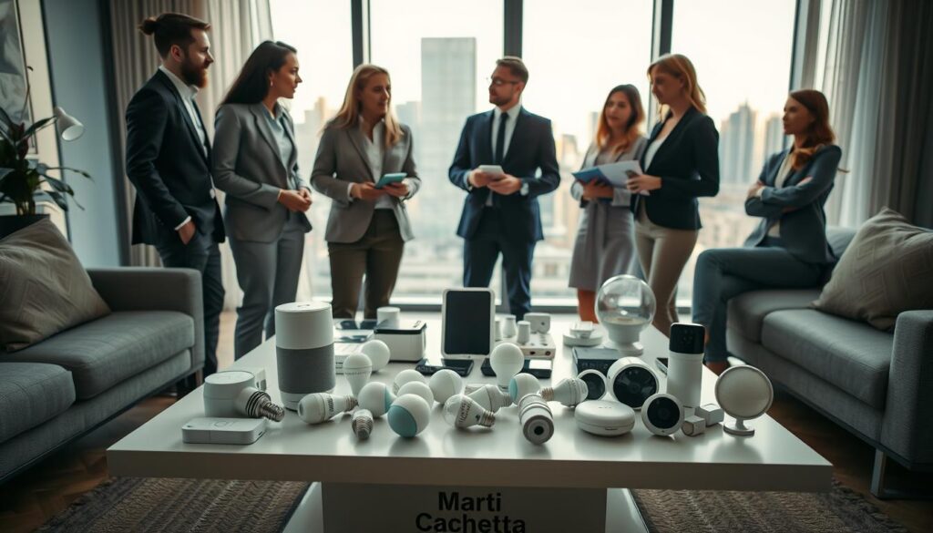 A modern living room showcasing the challenges of smart home automation implementation. In the foreground, a diverse group of individuals in professional business attire discusses a smart speaker and various smart devices, representing different tech ecosystems. In the middle ground, a sleek coffee table is cluttered with smart home gadgets, including light bulbs, a thermostat, and a security camera, creating a sense of complexity. The background features a large window with a view of a city skyline, emphasizing the contrast between technology and urban living. The lighting is soft and warm, creating an inviting atmosphere. The camera angle is slightly elevated, capturing both the people and the devices, while maintaining a focus on collaboration and innovation amidst the challenges. A modern living room showcasing the challenges of smart home automation implementation. In the foreground, a diverse group of individuals in professional business attire discusses a smart speaker and various smart devices, representing different tech ecosystems. In the middle ground, a sleek coffee table is cluttered with smart home gadgets, including light bulbs, a thermostat, and a security camera, creating a sense of complexity. The background features a large window with a view of a city skyline, emphasizing the contrast between technology and urban living. The lighting is soft and warm, creating an inviting atmosphere. The camera angle is slightly elevated, capturing both the people and the devices, while maintaining a focus on collaboration and innovation amidst the challenges.