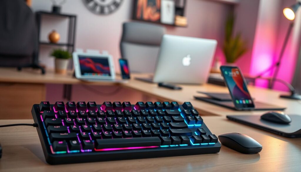 A modern mechanical keyboard prominently displayed in the foreground, featuring vibrant RGB backlighting. Surrounding it are diverse devices showcasing connectivity, including a laptop, tablet, smartphone, and Bluetooth dongle, all connected seamlessly. The middle ground features a sleek workspace with an ergonomic chair, mouse, and a minimalistic desk setup, emphasizing productivity. In the background, soft-focus elements represent a cozy office environment with warm ambient lighting, creating an inviting atmosphere. The scene captures a professional mood, showcasing clarity and compatibility among different devices. Use a slight overhead angle to highlight the keyboard's design and the setup, while maintaining a well-lit and organized appearance, enhancing the focus on connectivity features. A modern mechanical keyboard prominently displayed in the foreground, featuring vibrant RGB backlighting. Surrounding it are diverse devices showcasing connectivity, including a laptop, tablet, smartphone, and Bluetooth dongle, all connected seamlessly. The middle ground features a sleek workspace with an ergonomic chair, mouse, and a minimalistic desk setup, emphasizing productivity. In the background, soft-focus elements represent a cozy office environment with warm ambient lighting, creating an inviting atmosphere. The scene captures a professional mood, showcasing clarity and compatibility among different devices. Use a slight overhead angle to highlight the keyboard's design and the setup, while maintaining a well-lit and organized appearance, enhancing the focus on connectivity features.