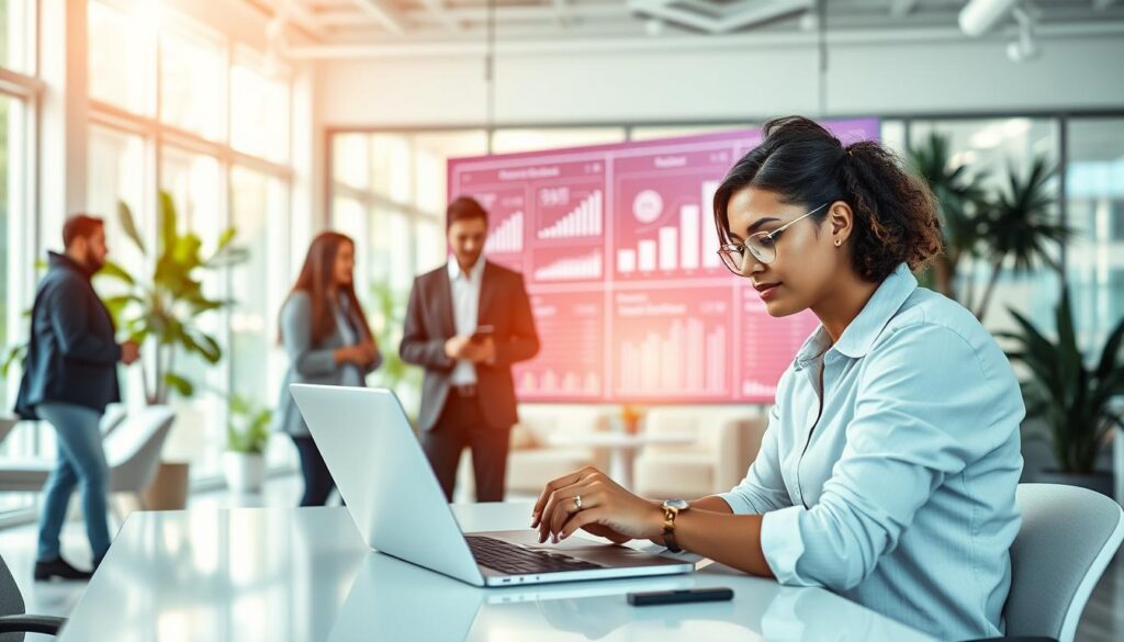 A modern office environment showcasing a diverse team of professionals collaborating on a digital startup project. In the foreground, a woman in smart casual attire is working on a laptop, discussing ideas with a man in business attire. In the middle, a large digital screen displays charts and futuristic concepts related to technology and innovation. The background features a bright, airy office space with large windows, greenery, and contemporary furniture. Soft, natural lighting pours in, creating an inviting and energetic atmosphere. The mood is one of focused creativity and optimism, symbolizing the preparation for a digital future. The scene captures the essence of teamwork and forward-thinking necessary for a successful startup.