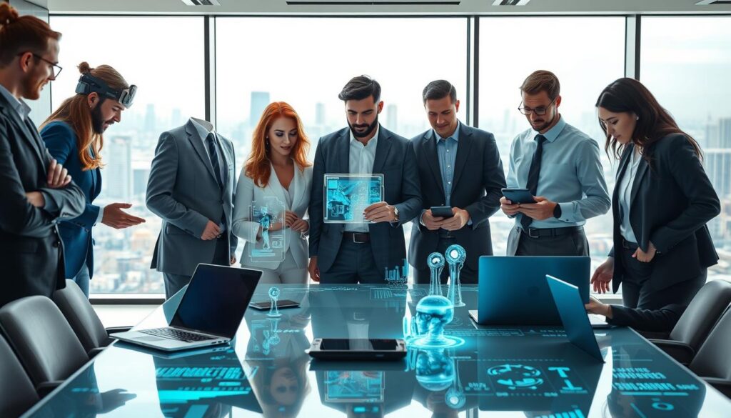 A modern office environment showcasing digital innovation and its impact on work. In the foreground, a diverse group of professionals, dressed in smart business attire, collaborate over advanced technology like touch-screen displays and holographic interfaces. In the middle ground, a sleek conference table features laptops, tablets, and AI-driven tools, symbolizing the integration of technology in everyday tasks. The background displays a panoramic view of a futuristic city skyline, conveying a sense of progression and growth. Soft, diffused lighting creates a bright and optimistic atmosphere, emphasizing a sense of collaboration and creativity. The camera angle is slightly elevated, providing a comprehensive view of the scene, enhancing the feeling of connectivity and dynamism in the digital workplace. A modern office environment showcasing digital innovation and its impact on work. In the foreground, a diverse group of professionals, dressed in smart business attire, collaborate over advanced technology like touch-screen displays and holographic interfaces. In the middle ground, a sleek conference table features laptops, tablets, and AI-driven tools, symbolizing the integration of technology in everyday tasks. The background displays a panoramic view of a futuristic city skyline, conveying a sense of progression and growth. Soft, diffused lighting creates a bright and optimistic atmosphere, emphasizing a sense of collaboration and creativity. The camera angle is slightly elevated, providing a comprehensive view of the scene, enhancing the feeling of connectivity and dynamism in the digital workplace.