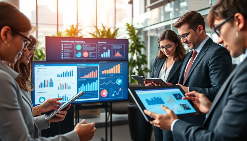 A modern office scene illustrating the impact of technology on communication and marketing. In the foreground, a diverse group of professionals in smart business attire collaborates over digital devices—tablets and laptops displaying data charts and social media analytics. The middle ground features a large digital screen showcasing vibrant infographics and marketing statistics. The background includes a sleek office design with glass walls, greenery, and futuristic tech gadgets. Soft, natural lighting pours in from large windows, creating an inspiring atmosphere. The perspective is slightly elevated, capturing a dynamic view of teamwork and innovation, reflecting a culture tech environment that harmonizes connectivity and creativity. A modern office scene illustrating the impact of technology on communication and marketing. In the foreground, a diverse group of professionals in smart business attire collaborates over digital devices—tablets and laptops displaying data charts and social media analytics. The middle ground features a large digital screen showcasing vibrant infographics and marketing statistics. The background includes a sleek office design with glass walls, greenery, and futuristic tech gadgets. Soft, natural lighting pours in from large windows, creating an inspiring atmosphere. The perspective is slightly elevated, capturing a dynamic view of teamwork and innovation, reflecting a culture tech environment that harmonizes connectivity and creativity.