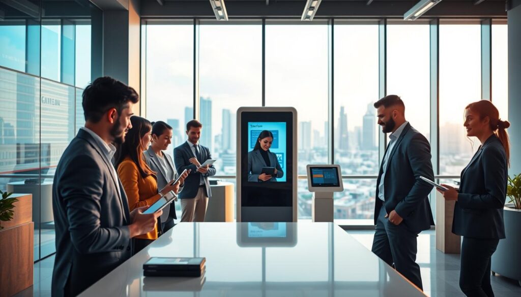 A modern office space showcasing the impact of automation on customer experience. In the foreground, a diverse group of professionals in business attire are interacting with high-tech devices like tablets and screens displaying data analytics and customer feedback. The middle layer features a sleek automated service kiosk providing information to a customer who appears engaged and satisfied. In the background, large windows reveal a bustling cityscape, symbolizing growth and opportunity. Soft, warm lighting creates an inviting atmosphere, while a wide-angle view captures the dynamic interaction between technology and people. The scene conveys a sense of innovation, efficiency, and positive change in customer service. A modern office space showcasing the impact of automation on customer experience. In the foreground, a diverse group of professionals in business attire are interacting with high-tech devices like tablets and screens displaying data analytics and customer feedback. The middle layer features a sleek automated service kiosk providing information to a customer who appears engaged and satisfied. In the background, large windows reveal a bustling cityscape, symbolizing growth and opportunity. Soft, warm lighting creates an inviting atmosphere, while a wide-angle view captures the dynamic interaction between technology and people. The scene conveys a sense of innovation, efficiency, and positive change in customer service.