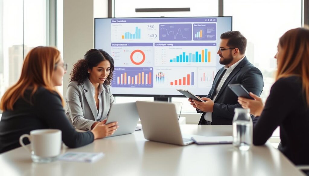 A modern office workspace showcasing a diverse group of professionals engaged in a user experience evaluation session. In the foreground, a woman in business attire is analyzing user feedback on a laptop, while a man beside her takes notes on a tablet. In the middle ground, a large digital screen displays graphs and user data, clearly illustrating trends and insights. The background features a bright window with a cityscape view, allowing natural light to flood the room, creating an inviting atmosphere. Soft, warm tones dominate the palette, emphasizing collaboration and focus. The scene captures a professional yet approachable environment, reflecting the importance of expert analysis in decision-making. A modern office workspace showcasing a diverse group of professionals engaged in a user experience evaluation session. In the foreground, a woman in business attire is analyzing user feedback on a laptop, while a man beside her takes notes on a tablet. In the middle ground, a large digital screen displays graphs and user data, clearly illustrating trends and insights. The background features a bright window with a cityscape view, allowing natural light to flood the room, creating an inviting atmosphere. Soft, warm tones dominate the palette, emphasizing collaboration and focus. The scene captures a professional yet approachable environment, reflecting the importance of expert analysis in decision-making.