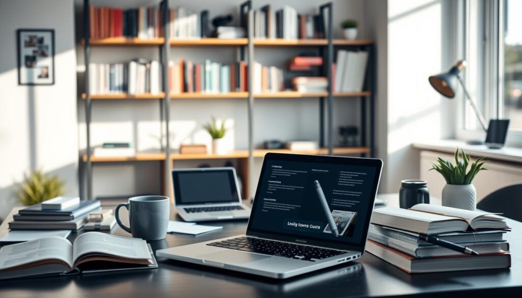 A modern, sleek workspace that embodies the concept of digital education and info products. In the foreground, a laptop with a vibrant screen displaying an online course interface, surrounded by educational materials such as books and notes. In the middle, a well-organized desk with a tablet and a notepad, a stylish coffee mug, and a small plant for a touch of warmth. The background features a soft-focus shelf filled with books and tech gadgets, reflecting a cozy yet professional atmosphere. The lighting is bright and natural, streaming through a nearby window, casting gentle shadows. The scene conveys a mood of empowerment and inspiration, ideal for individuals pursuing digital entrepreneurship.