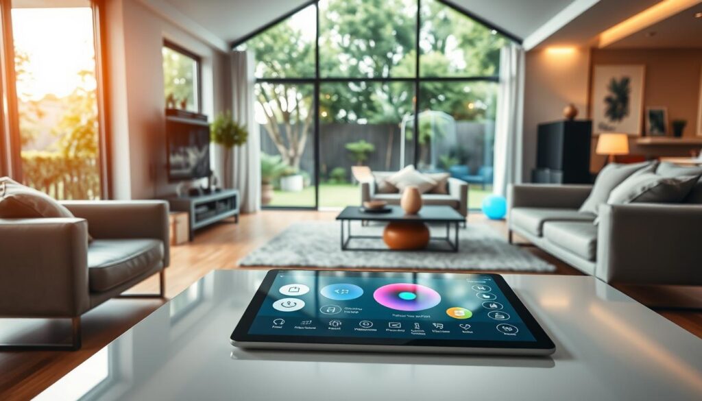 A modern smart home interior featuring a cozy, open-plan living space with advanced technology seamlessly integrated. In the foreground, a stylish coffee table holds a sleek tablet displaying home automation controls. The middle ground showcases comfortable furniture with voice-activated smart speakers and ambient lighting that changes color. In the background, large windows reveal a lush garden bathed in natural light, enhancing the welcoming atmosphere. The room is designed with clean lines and minimalistic decor, emphasizing a futuristic yet inviting feel. Warm, soft lighting creates a soothing ambiance, while a wide-angle perspective highlights the spaciousness of the environment. This image should evoke a sense of innovation and comfort in smart home living. A modern smart home interior featuring a cozy, open-plan living space with advanced technology seamlessly integrated. In the foreground, a stylish coffee table holds a sleek tablet displaying home automation controls. The middle ground showcases comfortable furniture with voice-activated smart speakers and ambient lighting that changes color. In the background, large windows reveal a lush garden bathed in natural light, enhancing the welcoming atmosphere. The room is designed with clean lines and minimalistic decor, emphasizing a futuristic yet inviting feel. Warm, soft lighting creates a soothing ambiance, while a wide-angle perspective highlights the spaciousness of the environment. This image should evoke a sense of innovation and comfort in smart home living.