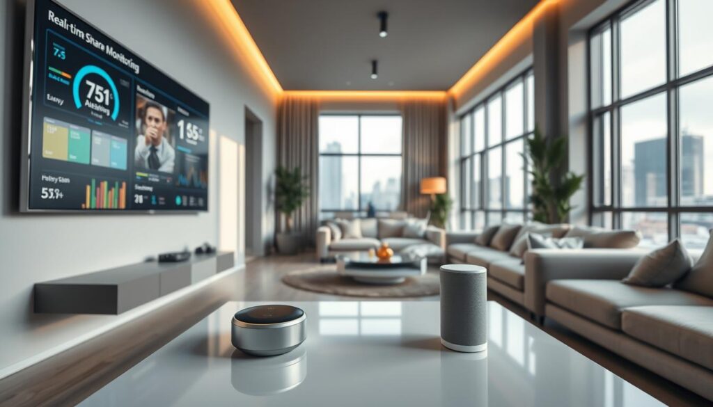 A modern smart home interior featuring a sleek living room filled with advanced smart devices. In the foreground, a large wall-mounted screen displays real-time monitoring data, showing energy usage and security feeds. A stylish smart thermostat and voice-controlled smart speaker sit on a minimalistic coffee table. The middle area includes a cozy sofa with smart lighting highlighting the space, suggesting a warm and inviting atmosphere. In the background, large windows allow natural light to flood in, framing a view of a cityscape. The overall lighting is bright and balanced, with a contemporary lens perspective that emphasizes the usability of technology in daily life. The mood is futuristic yet homely, illustrating the intersection of technology and comfort. A modern smart home interior featuring a sleek living room filled with advanced smart devices. In the foreground, a large wall-mounted screen displays real-time monitoring data, showing energy usage and security feeds. A stylish smart thermostat and voice-controlled smart speaker sit on a minimalistic coffee table. The middle area includes a cozy sofa with smart lighting highlighting the space, suggesting a warm and inviting atmosphere. In the background, large windows allow natural light to flood in, framing a view of a cityscape. The overall lighting is bright and balanced, with a contemporary lens perspective that emphasizes the usability of technology in daily life. The mood is futuristic yet homely, illustrating the intersection of technology and comfort.