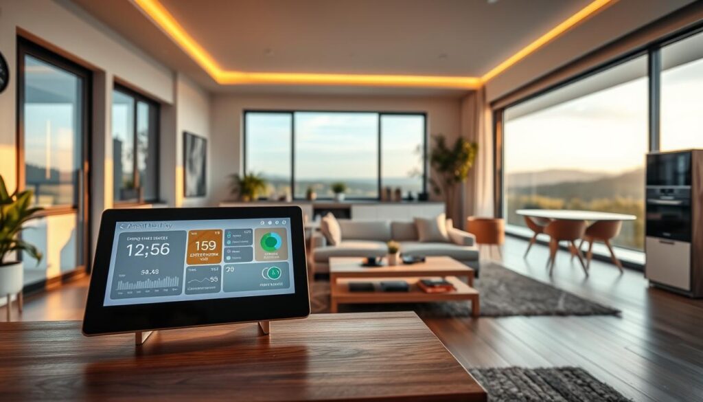 A modern smart home interior, showcasing an automated living space filled with intelligent devices. In the foreground, a sleek touchscreen panel displays energy usage statistics and control options, positioned on a stylish coffee table. The middle layer features a cozy seating area with minimalist furniture, smart lighting emitting a warm glow, and energy-efficient appliances subtly integrated into the design. In the background, large windows reveal a beautiful landscape, allowing natural light to flood the space. The atmosphere is inviting and innovative, emphasizing a harmonious blend of technology and comfort. The scene is illuminated with soft, ambient lighting that highlights the smart features, and the perspective is slightly elevated, giving a clear view of the entire room. No human figures are present, ensuring a focus on the smart home environment. A modern smart home interior, showcasing an automated living space filled with intelligent devices. In the foreground, a sleek touchscreen panel displays energy usage statistics and control options, positioned on a stylish coffee table. The middle layer features a cozy seating area with minimalist furniture, smart lighting emitting a warm glow, and energy-efficient appliances subtly integrated into the design. In the background, large windows reveal a beautiful landscape, allowing natural light to flood the space. The atmosphere is inviting and innovative, emphasizing a harmonious blend of technology and comfort. The scene is illuminated with soft, ambient lighting that highlights the smart features, and the perspective is slightly elevated, giving a clear view of the entire room. No human figures are present, ensuring a focus on the smart home environment.