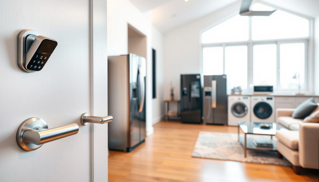 A modern, well-lit living room featuring advanced home automation systems. In the foreground, a sleek smart lock is clearly visible on the front door, designed with a digital keypad and a polished finish. To the side, a high-tech security camera mounted on a wall observes the space. In the middle ground, various smart appliances, such as a refrigerator and a washing machine, are displayed, demonstrating seamless integration with the home environment. The background includes large windows showcasing an outside view, allowing natural light to flood the room. The overall atmosphere is one of sophistication and security, emphasizing efficiency and modern living. The lighting is warm and inviting, highlighting the technology while maintaining a cozy home feel. The composition is shot from a slightly elevated angle to capture all elements cohesively. A modern, well-lit living room featuring advanced home automation systems. In the foreground, a sleek smart lock is clearly visible on the front door, designed with a digital keypad and a polished finish. To the side, a high-tech security camera mounted on a wall observes the space. In the middle ground, various smart appliances, such as a refrigerator and a washing machine, are displayed, demonstrating seamless integration with the home environment. The background includes large windows showcasing an outside view, allowing natural light to flood the room. The overall atmosphere is one of sophistication and security, emphasizing efficiency and modern living. The lighting is warm and inviting, highlighting the technology while maintaining a cozy home feel. The composition is shot from a slightly elevated angle to capture all elements cohesively.