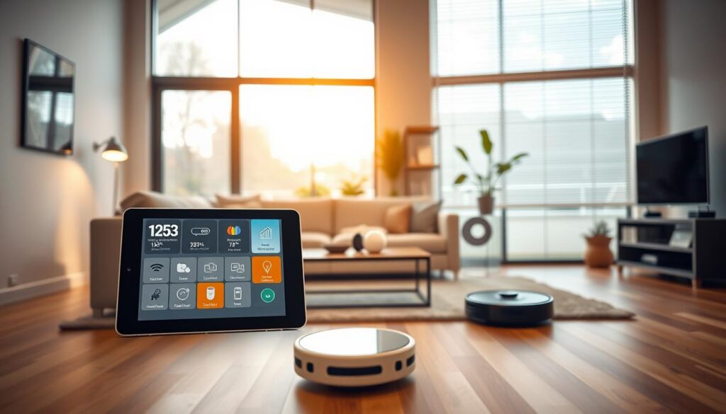 A modern, well-lit living room showcasing seamless home automation integration. In the foreground, a sleek tablet displays a smart home interface with various connected devices like smart lights and a thermostat. The middle layer features a cozy sofa, smart speakers, and a coffee table with a virtual assistant device. In the background, large windows let in natural light, highlighting smart window blinds and a multi-device setup with a robot vacuum gliding across the floor. The atmosphere is inviting and tech-savvy, with a sense of futuristic comfort. Soft, warm lighting creates a welcoming mood, while a shallow depth of field focuses on the tablet’s screen, capturing the essence of a fully integrated smart home environment. A modern, well-lit living room showcasing seamless home automation integration. In the foreground, a sleek tablet displays a smart home interface with various connected devices like smart lights and a thermostat. The middle layer features a cozy sofa, smart speakers, and a coffee table with a virtual assistant device. In the background, large windows let in natural light, highlighting smart window blinds and a multi-device setup with a robot vacuum gliding across the floor. The atmosphere is inviting and tech-savvy, with a sense of futuristic comfort. Soft, warm lighting creates a welcoming mood, while a shallow depth of field focuses on the tablet’s screen, capturing the essence of a fully integrated smart home environment.