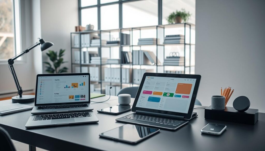A modern workspace featuring a sleek desk organized with various digital tools that enhance organization. In the foreground, a stylish laptop displays a task management app, while a digital tablet shows color-coded calendars. Scattered around are smart devices like a voice assistant and a wireless charging station. The middle ground showcases a neatly arranged bookshelf filled with productivity books and planners. In the background, a large window allows natural light to pour in, creating a bright and inviting atmosphere. The overall mood is one of calm efficiency. The scene is captured with a wide-angle lens, emphasizing depth, with soft shadows to enhance the contemporary feel, embodying the concept of streamlined digital organization.
