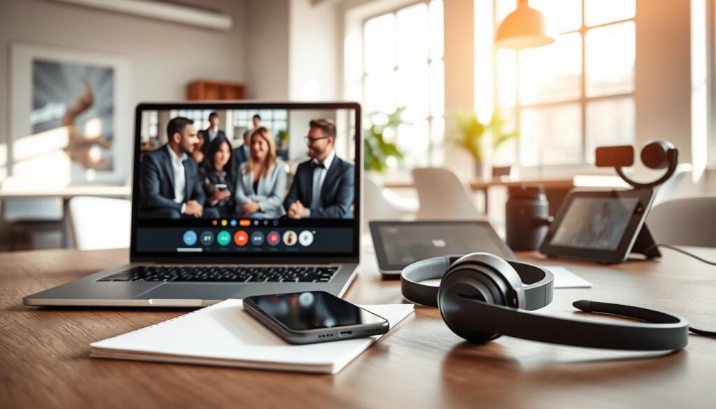 A modern workspace showcasing essential communication and videoconferencing tools. In the foreground, a sleek laptop is open, displaying a video call interface with diverse professionals in business attire engaged in conversation. Beside it, a smartphone rests on a notepad, indicating connectivity. In the middle ground, a stylish headset and a webcam suggest enhanced audio-visual interaction, while a digital tablet shows notifications for meetings. The background features a bright, airy office with minimalistic decor, large windows allowing natural sunlight to spill in, casting soft shadows. The atmosphere is collaborative and vibrant, capturing the essence of modern remote working environments. Use soft lighting to highlight the technology and create a warm, inviting feel, with a shallow depth of field for emphasis.