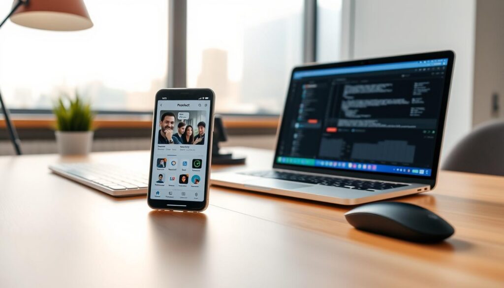 A modern workspace showcasing the seamless integration between a smartphone and a computer. In the foreground, a sleek smartphone displays a productivity app, while beside it, a laptop screen reveals a synchronized interface. The middle ground features a stylish desk with minimalistic design, including a wireless keyboard and mouse, highlighting ease of use. In the background, soft natural light filters through a large window, creating a warm and inviting atmosphere. The scene is captured from a slightly elevated angle to emphasize the interaction between devices, with a focus on clarity and organization. The overall mood is inspiring and focused, reflecting a professional setting that promotes efficient work habits. A modern workspace showcasing the seamless integration between a smartphone and a computer. In the foreground, a sleek smartphone displays a productivity app, while beside it, a laptop screen reveals a synchronized interface. The middle ground features a stylish desk with minimalistic design, including a wireless keyboard and mouse, highlighting ease of use. In the background, soft natural light filters through a large window, creating a warm and inviting atmosphere. The scene is captured from a slightly elevated angle to emphasize the interaction between devices, with a focus on clarity and organization. The overall mood is inspiring and focused, reflecting a professional setting that promotes efficient work habits.