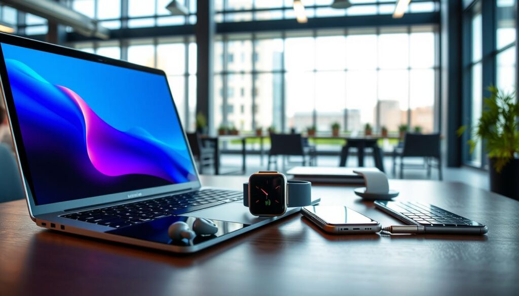 A modern workspace showcasing various "gadgets for mobility and communication" designed for productivity on-the-go. In the foreground, feature a sleek laptop with a tablet beside it, both displaying vibrant screens. Include a compact smartphone with wireless earbuds, illustrating seamless connectivity. In the middle, place a stylish smartwatch and a portable charger, emphasizing convenience and efficiency. The background should show an indoor urban setting with large windows, allowing soft natural light to illuminate the scene, creating a warm and inviting atmosphere. Capture the image from a slightly angled perspective to give depth, reflecting a professional and dynamic vibe. No text, logos, or watermarks present.