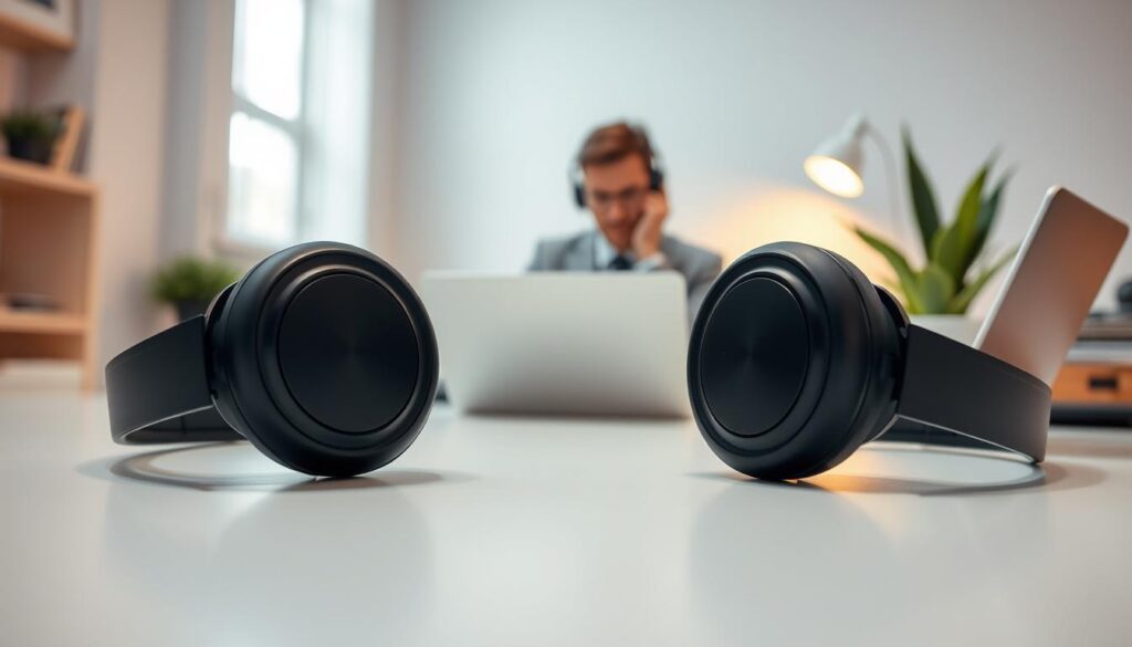 A pair of sleek, modern cost-effective headphones displayed prominently in the foreground, showcasing their ergonomic design and cushioned ear cups. The headphones are set on a clean, minimalist desk with a subtle backdrop of a cozy home office, featuring a laptop and a potted plant. Soft, warm lighting creates a welcoming atmosphere, emphasizing the headphones' glossy finish and quality materials. In the middle ground, a subtle blur of a person wearing professional business attire, sitting at the desk and focused on their work, listening intently. The scene aims to evoke a sense of productivity and tranquility, highlighting the importance of noise cancellation technology for both work and leisure. The angle is slightly above eye level, creating a dynamic view of the workspace. A pair of sleek, modern cost-effective headphones displayed prominently in the foreground, showcasing their ergonomic design and cushioned ear cups. The headphones are set on a clean, minimalist desk with a subtle backdrop of a cozy home office, featuring a laptop and a potted plant. Soft, warm lighting creates a welcoming atmosphere, emphasizing the headphones' glossy finish and quality materials. In the middle ground, a subtle blur of a person wearing professional business attire, sitting at the desk and focused on their work, listening intently. The scene aims to evoke a sense of productivity and tranquility, highlighting the importance of noise cancellation technology for both work and leisure. The angle is slightly above eye level, creating a dynamic view of the workspace.