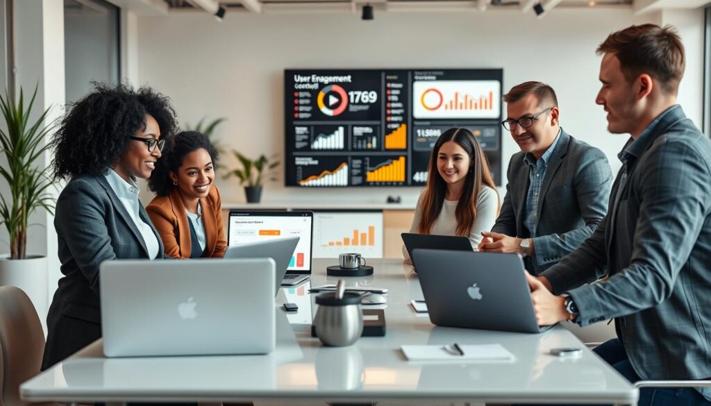 A professional workspace showing a diverse group of business people engaged in a collaborative meeting to enhance user experience and customer loyalty. In the foreground, a diverse team consisting of a Black woman, a Hispanic man, an Asian woman, and a Caucasian man, all in smart casual attire, gathered around a sleek table with laptops and digital devices showcasing user interface designs. In the middle ground, a large screen displays user engagement statistics and customer feedback graphs, with a modern, minimalist office backdrop featuring potted plants and soft natural lighting. The mood is inspirational and focused, conveying teamwork and innovation, captured with a warm color palette and a slightly elevated angle to emphasize collaboration and productivity. A professional workspace showing a diverse group of business people engaged in a collaborative meeting to enhance user experience and customer loyalty. In the foreground, a diverse team consisting of a Black woman, a Hispanic man, an Asian woman, and a Caucasian man, all in smart casual attire, gathered around a sleek table with laptops and digital devices showcasing user interface designs. In the middle ground, a large screen displays user engagement statistics and customer feedback graphs, with a modern, minimalist office backdrop featuring potted plants and soft natural lighting. The mood is inspirational and focused, conveying teamwork and innovation, captured with a warm color palette and a slightly elevated angle to emphasize collaboration and productivity.