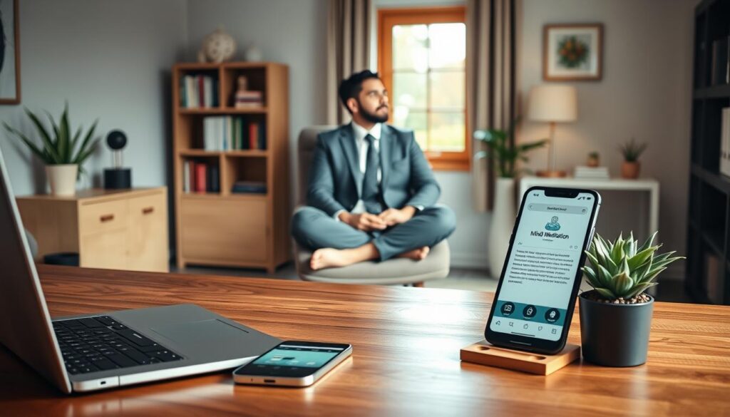 A serene home office setting that embodies the theme of reducing technological distractions and regaining focus. In the foreground, an elegant wooden desk with a closed laptop, a mindful meditation app displayed on a smartphone, and a potted plant to symbolize tranquility. The middle layer features a professional, thoughtfully dressed individual sitting cross-legged on a comfortable chair, gazing thoughtfully out the window, representing introspection and focus. The background showcases a calming, softly lit space with calming colors and minimalist decor, including a bookshelf filled with inspirational books and a small window revealing a peaceful garden. Use soft, natural lighting for a warm atmosphere, with a slight bokeh effect to draw attention to the subject's peaceful demeanor. The overall mood should evoke calmness, focus, and productivity.