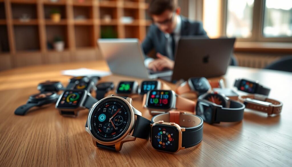A sleek and modern workspace featuring a diverse array of smartwatches displayed on an elegant wooden desk. In the foreground, a high-resolution close-up of a smartwatch with a vibrant display showcasing various fitness stats and notifications. In the middle, blurred but recognizable, several other smartwatches of different brands and colors are arranged in an attractive layout, highlighting their unique features and designs. The background features a subtle blurred image of a tech-savvy individual in professional attire, analyzing smartwatch reviews on a laptop. Soft, natural lighting filters in, creating a warm and inviting atmosphere, with a focus on innovation and technology. The overall mood emphasizes comparison and informed decision-making in the realm of modern wearables.