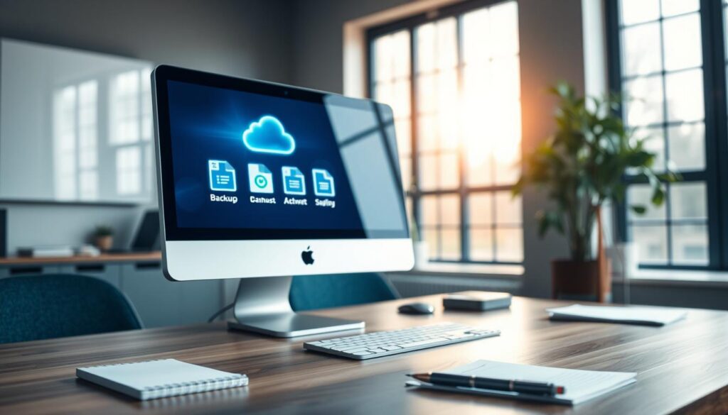 A sleek, modern office workspace featuring a computer on a stylish wooden desk. The foreground highlights a digital backup interface displayed on the computer screen, showcasing vivid graphical representations of files being safely stored in cloud storage. In the middle ground, scattered office supplies, such as a notepad and a pen, indicate an organized work environment. The background reveals a large window with natural light pouring in, casting a warm, inviting glow over the scene. The overall mood is calm and secure, illustrating the simplicity and effectiveness of automatic backup systems. Soft focus on the background elements to ensure the emphasis remains on the backup process displayed on the screen, with a slight depth of field to add dimension. A sleek, modern office workspace featuring a computer on a stylish wooden desk. The foreground highlights a digital backup interface displayed on the computer screen, showcasing vivid graphical representations of files being safely stored in cloud storage. In the middle ground, scattered office supplies, such as a notepad and a pen, indicate an organized work environment. The background reveals a large window with natural light pouring in, casting a warm, inviting glow over the scene. The overall mood is calm and secure, illustrating the simplicity and effectiveness of automatic backup systems. Soft focus on the background elements to ensure the emphasis remains on the backup process displayed on the screen, with a slight depth of field to add dimension.