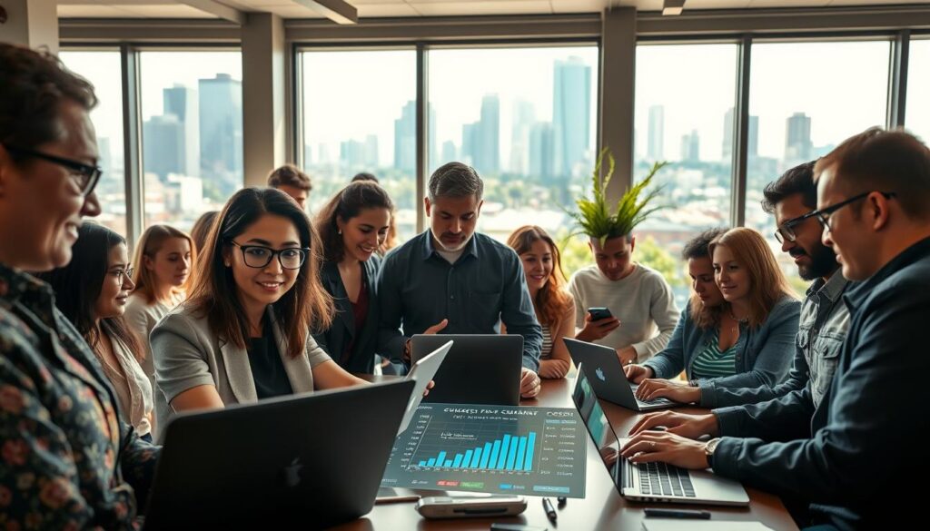 A vibrant and dynamic scene depicting the impact of digital inclusion and technology training. In the foreground, a diverse group of individuals, including a woman with glasses in business attire and a man in casual tech clothing, engage collaboratively around laptops, showcasing coding and AI applications. The middle ground features interactive digital displays with graphs and smart devices, symbolizing access to technology and data-driven decision making. In the background, a cityscape infused with greenery represents a balanced tech-focused society. Bright, natural lighting filters through large windows, creating an optimistic atmosphere. The camera angle is slightly elevated, providing a comprehensive view of the gathering while highlighting the collaborative spirit of the group. The overall mood conveys empowerment, innovation, and inclusivity in the tech landscape. A vibrant and dynamic scene depicting the impact of digital inclusion and technology training. In the foreground, a diverse group of individuals, including a woman with glasses in business attire and a man in casual tech clothing, engage collaboratively around laptops, showcasing coding and AI applications. The middle ground features interactive digital displays with graphs and smart devices, symbolizing access to technology and data-driven decision making. In the background, a cityscape infused with greenery represents a balanced tech-focused society. Bright, natural lighting filters through large windows, creating an optimistic atmosphere. The camera angle is slightly elevated, providing a comprehensive view of the gathering while highlighting the collaborative spirit of the group. The overall mood conveys empowerment, innovation, and inclusivity in the tech landscape.