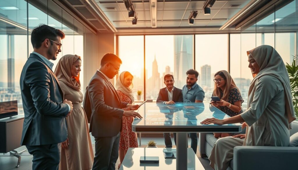 A vibrant and dynamic scene showcasing "Tech Culture: Revolution in Inclusion and Digital Development." In the foreground, a diverse group of individuals—professionals in business attire and modest casual clothing—are gathered around a large touchscreen display, actively engaging with digital interfaces and holographic projections. In the middle ground, a modern office environment with sleek furniture and large windows, bathed in warm, natural lighting. People of various ages and ethnicities collaborate on tech projects, symbolizing inclusivity. The background features an urban skyline with futuristic architecture, emphasizing technological advancement. A sense of optimism and innovation fills the atmosphere, creating a bright and inspiring mood. The composition is wide-angle, creating depth and capturing the excitement of digital empowerment. A vibrant and dynamic scene showcasing "Tech Culture: Revolution in Inclusion and Digital Development." In the foreground, a diverse group of individuals—professionals in business attire and modest casual clothing—are gathered around a large touchscreen display, actively engaging with digital interfaces and holographic projections. In the middle ground, a modern office environment with sleek furniture and large windows, bathed in warm, natural lighting. People of various ages and ethnicities collaborate on tech projects, symbolizing inclusivity. The background features an urban skyline with futuristic architecture, emphasizing technological advancement. A sense of optimism and innovation fills the atmosphere, creating a bright and inspiring mood. The composition is wide-angle, creating depth and capturing the excitement of digital empowerment.