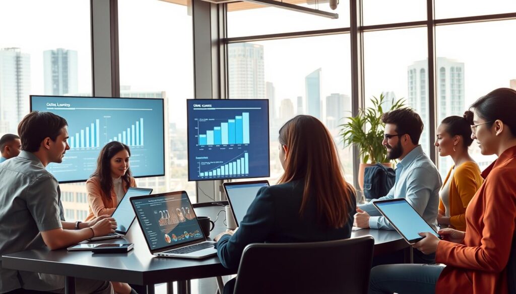 A vibrant and modern workspace scene showcasing the rise of digital products and online courses. In the foreground, a diverse group of professionals in smart casual attire are engaged in a virtual meeting, using laptops and tablets. The middle ground features sleek digital screens displaying charts and graphs that illustrate growth in online learning. In the background, a large window reveals a bright cityscape with high-rise buildings, symbolizing the digital economy. Soft, natural lighting filters in, creating an inviting atmosphere. The mood is energetic and innovative, capturing the essence of a future-driven, fully digital workspace. A vibrant and modern workspace scene showcasing the rise of digital products and online courses. In the foreground, a diverse group of professionals in smart casual attire are engaged in a virtual meeting, using laptops and tablets. The middle ground features sleek digital screens displaying charts and graphs that illustrate growth in online learning. In the background, a large window reveals a bright cityscape with high-rise buildings, symbolizing the digital economy. Soft, natural lighting filters in, creating an inviting atmosphere. The mood is energetic and innovative, capturing the essence of a future-driven, fully digital workspace.