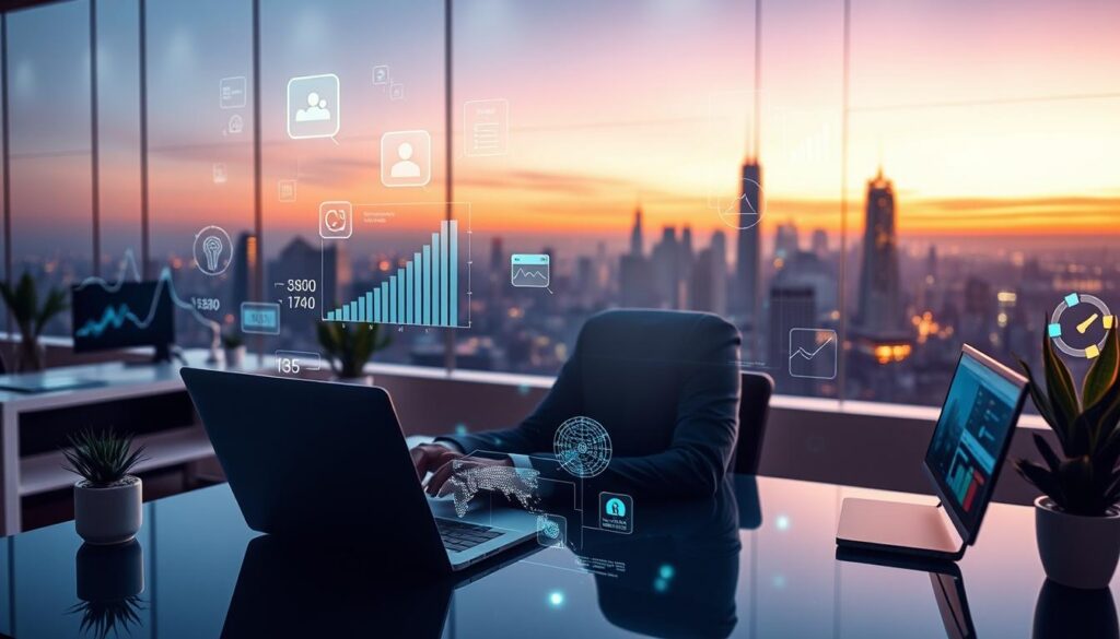 A vibrant digital workspace, showcasing the fusion of business and artificial intelligence. In the foreground, a professional man in a sleek suit works intently on a laptop, surrounded by holographic graphs and data visualizations projecting around him. The middle layer features modern office elements like a minimalist desk, potted plants, and digital screens displaying analytics. In the background, a panoramic city skyline glows under a twilight sky, symbolizing growth and opportunities in the digital economy. Soft, ambient lighting highlights the high-tech atmosphere, while a shallow depth of field subtly blurs the distant cityscape, drawing focus to the central figure. The scene conveys an innovative and inspiring mood, perfect for illustrating the potential of digital businesses fueled by AI. A vibrant digital workspace, showcasing the fusion of business and artificial intelligence. In the foreground, a professional man in a sleek suit works intently on a laptop, surrounded by holographic graphs and data visualizations projecting around him. The middle layer features modern office elements like a minimalist desk, potted plants, and digital screens displaying analytics. In the background, a panoramic city skyline glows under a twilight sky, symbolizing growth and opportunities in the digital economy. Soft, ambient lighting highlights the high-tech atmosphere, while a shallow depth of field subtly blurs the distant cityscape, drawing focus to the central figure. The scene conveys an innovative and inspiring mood, perfect for illustrating the potential of digital businesses fueled by AI.