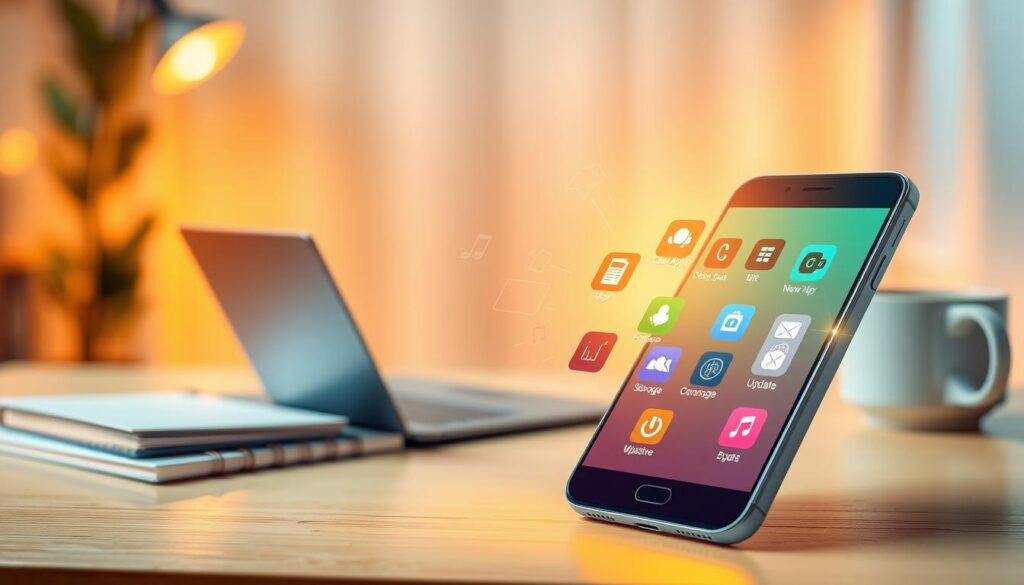 A vibrant, engaging digital illustration depicting practical tips to speed up a smartphone. In the foreground, a modern, sleek smartphone displays colorful icons representing tips like clearing apps, optimizing storage, and updating software, surrounded by a glowing aura to signify efficiency. The middle ground features a cozy home office setup with a laptop, notebooks, and a coffee cup, evoking a productive atmosphere. In the background, soft, warm lighting creates a welcoming environment, while a subtle bokeh effect adds depth. The overall mood conveys optimism and motivation, encouraging viewers to enhance their mobile device's performance. A vibrant, engaging digital illustration depicting practical tips to speed up a smartphone. In the foreground, a modern, sleek smartphone displays colorful icons representing tips like clearing apps, optimizing storage, and updating software, surrounded by a glowing aura to signify efficiency. The middle ground features a cozy home office setup with a laptop, notebooks, and a coffee cup, evoking a productive atmosphere. In the background, soft, warm lighting creates a welcoming environment, while a subtle bokeh effect adds depth. The overall mood conveys optimism and motivation, encouraging viewers to enhance their mobile device's performance.