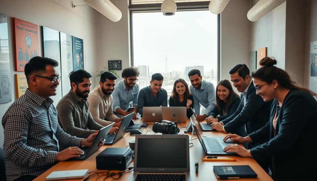 A vibrant, engaging workspace showcasing the "Cultura Tech" project and its mission to democratize technology access. In the foreground, a diverse group of individuals, including men and women of various ethnicities, collaborate around a table filled with laptops, tablets, and digital gadgets. They are dressed in smart casual clothing, exuding enthusiasm and teamwork. The middle ground features technology-related artworks and posters on the walls, promoting innovation and inclusivity. In the background, a large window reveals a bright urban landscape, symbolizing connection to the broader community. Soft, natural lighting floods the scene, creating a warm and inviting atmosphere. The angle captures a dynamic perspective, emphasizing active engagement with technology and collaborative spirit. A vibrant, engaging workspace showcasing the "Cultura Tech" project and its mission to democratize technology access. In the foreground, a diverse group of individuals, including men and women of various ethnicities, collaborate around a table filled with laptops, tablets, and digital gadgets. They are dressed in smart casual clothing, exuding enthusiasm and teamwork. The middle ground features technology-related artworks and posters on the walls, promoting innovation and inclusivity. In the background, a large window reveals a bright urban landscape, symbolizing connection to the broader community. Soft, natural lighting floods the scene, creating a warm and inviting atmosphere. The angle captures a dynamic perspective, emphasizing active engagement with technology and collaborative spirit.