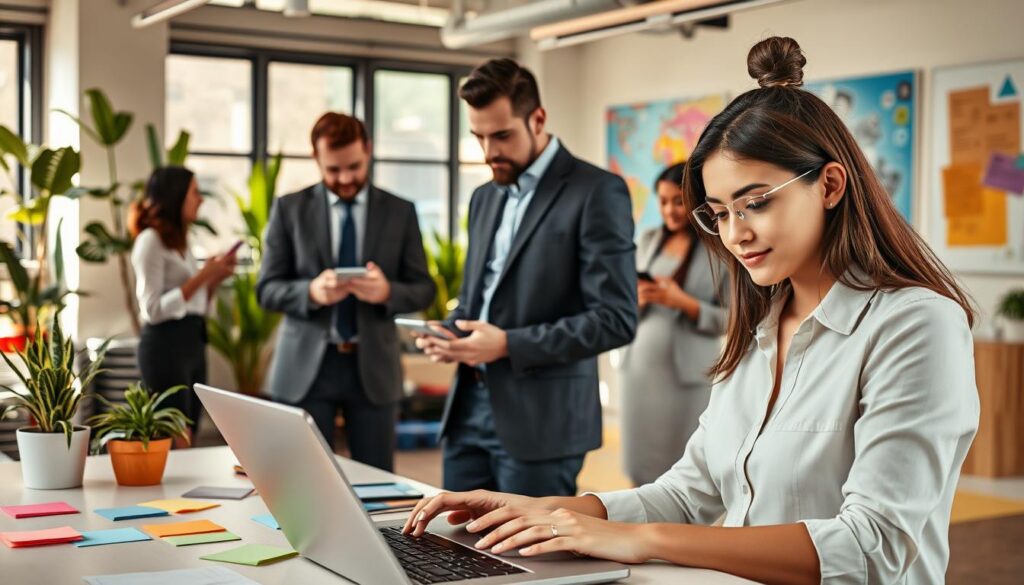 A vibrant office environment featuring diverse professionals engaging with technology, symbolizing 'Tech Culture' and 'Digital Behavior'. In the foreground, a young woman in smart casual attire is focused on her laptop, surrounded by colorful sticky notes and digital devices. In the middle ground, two colleagues in business attire are discussing ideas, with tablets and smartphones in hand, showcasing collaboration. The background displays a modern workspace with plants, large windows letting in natural light, and digital artwork, creating an inspiring atmosphere. The lighting is bright and warm, enhancing the feeling of productivity and innovation. The scene captures a balance between technology and human interaction, reflecting the influence of digital culture on daily life. A vibrant office environment featuring diverse professionals engaging with technology, symbolizing 'Tech Culture' and 'Digital Behavior'. In the foreground, a young woman in smart casual attire is focused on her laptop, surrounded by colorful sticky notes and digital devices. In the middle ground, two colleagues in business attire are discussing ideas, with tablets and smartphones in hand, showcasing collaboration. The background displays a modern workspace with plants, large windows letting in natural light, and digital artwork, creating an inspiring atmosphere. The lighting is bright and warm, enhancing the feeling of productivity and innovation. The scene captures a balance between technology and human interaction, reflecting the influence of digital culture on daily life.
