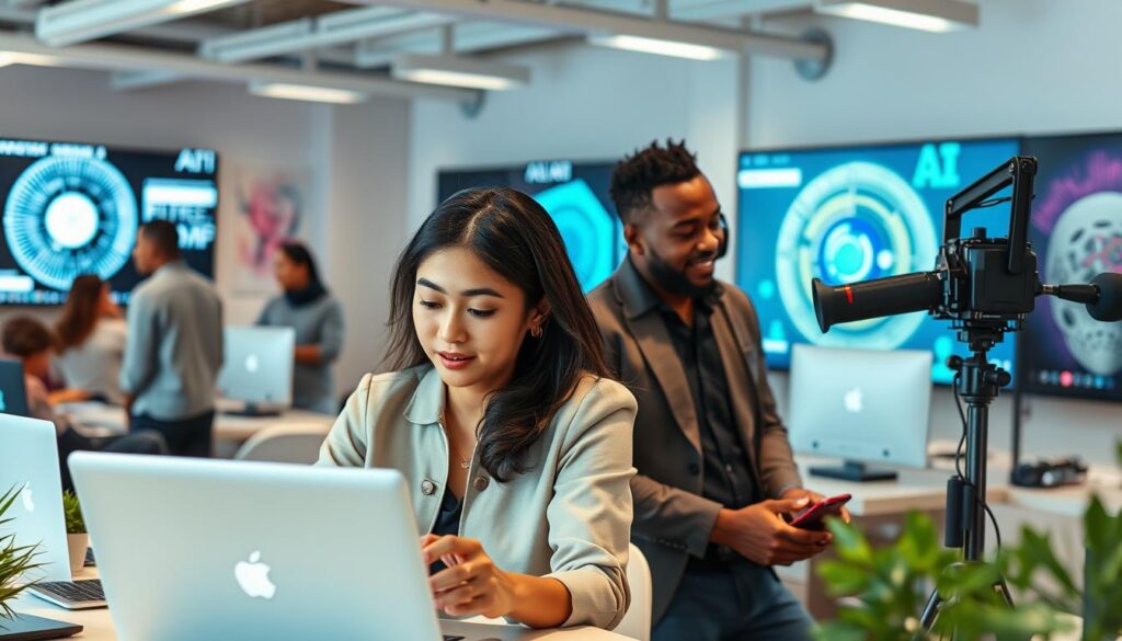 A vibrant office space filled with diverse content creators engaged in various forms of media production. In the foreground, a young woman of Asian descent, wearing professional attire, is focused on her laptop while analyzing AI tools that enhance content creation. Beside her, a Black man in smart casual clothing is recording a podcast with sophisticated equipment. In the background, large screens display AI algorithms at work, and digital art is visible on the walls, showcasing innovative designs. The lighting is bright and modern, with soft shadows emphasizing a collaborative atmosphere. The scene captures a mood of innovation and creativity, highlighting the intersection of technology and content creation in a well-lit, dynamic environment. A vibrant office space filled with diverse content creators engaged in various forms of media production. In the foreground, a young woman of Asian descent, wearing professional attire, is focused on her laptop while analyzing AI tools that enhance content creation. Beside her, a Black man in smart casual clothing is recording a podcast with sophisticated equipment. In the background, large screens display AI algorithms at work, and digital art is visible on the walls, showcasing innovative designs. The lighting is bright and modern, with soft shadows emphasizing a collaborative atmosphere. The scene captures a mood of innovation and creativity, highlighting the intersection of technology and content creation in a well-lit, dynamic environment.