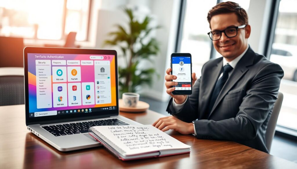 A visually engaging workspace scene focusing on "two-factor authentication" tips. In the foreground, a modern laptop displays a vibrant security dashboard, with icons representing SMS codes, authenticator apps, and biometric scans. To the right, a friendly and professional person in smart business attire is demonstrating the setup on a smartphone. In the middle, a small table holds a notebook with handwritten notes on security practices, creating a sense of organization. The background features a softly blurred office environment with bright, natural lighting emphasizing a sense of urgency and importance. The atmosphere is motivating and tech-savvy, evoking a secure and trusting vibe perfect for discussing online account protection. A visually engaging workspace scene focusing on "two-factor authentication" tips. In the foreground, a modern laptop displays a vibrant security dashboard, with icons representing SMS codes, authenticator apps, and biometric scans. To the right, a friendly and professional person in smart business attire is demonstrating the setup on a smartphone. In the middle, a small table holds a notebook with handwritten notes on security practices, creating a sense of organization. The background features a softly blurred office environment with bright, natural lighting emphasizing a sense of urgency and importance. The atmosphere is motivating and tech-savvy, evoking a secure and trusting vibe perfect for discussing online account protection.