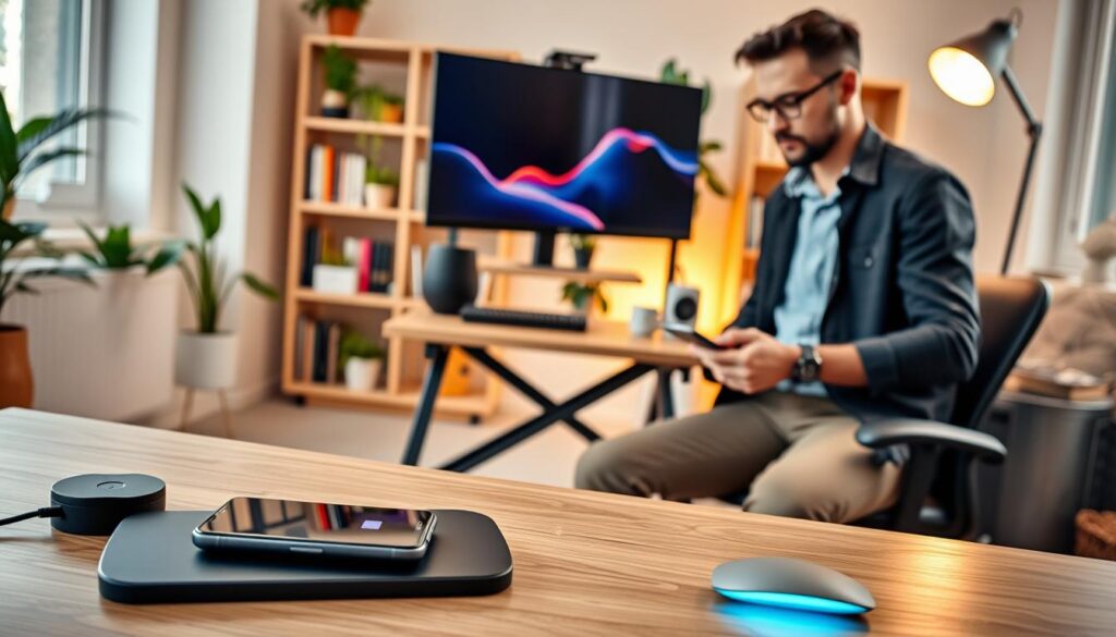 A well-organized home office setup featuring innovative gadgets that enhance productivity. In the foreground, a sleek wireless charging pad with a smartphone and a modern ergonomic keyboard. In the middle, a stylish standing desk integrated with a smart monitor and a digital assistant device, showcasing a vibrant display. The background includes a cozy bookshelf filled with books, plants for a touch of greenery, and soft ambient lighting from a contemporary desk lamp. The atmosphere is bright and inviting, emphasizing a blend of technology and comfort. The image captures a professional individual in smart casual attire, engaged with the gadgets, conveying a sense of focus and efficiency in a cutting-edge home office environment.